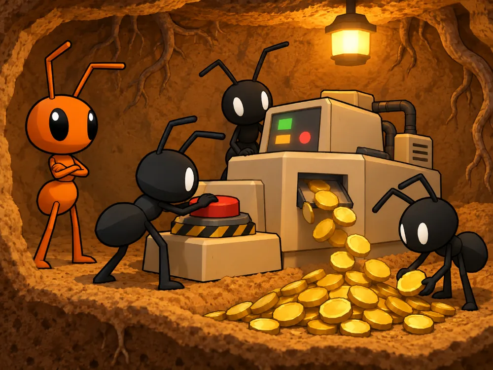 Squad ants hitting a big red button while new coins pour out of an old computer