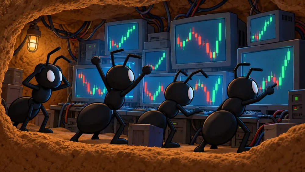 Four ants crammed in front of glowing monitors full of green and red candles